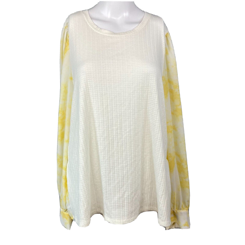 Rode Shirt Womens Sz XL White Yellow Knit Chiffon‎ Long Sleeve Popover Tie Dye